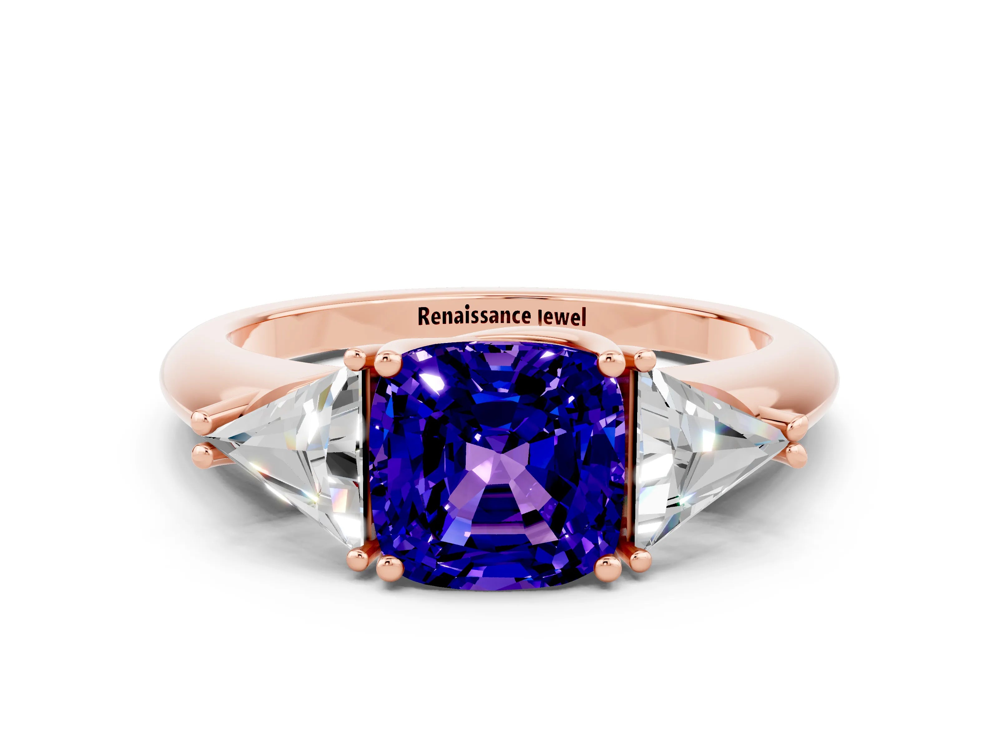 Rose gold Three-Stone Cushion Cut Cut Diamond Ring with Trillion Side Stones and Four-Prong Setting