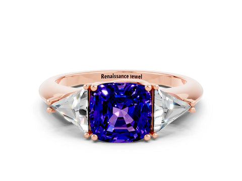 Rose gold Three-Stone Cushion Cut Cut Diamond Ring with Trillion Side Stones and Four-Prong Setting