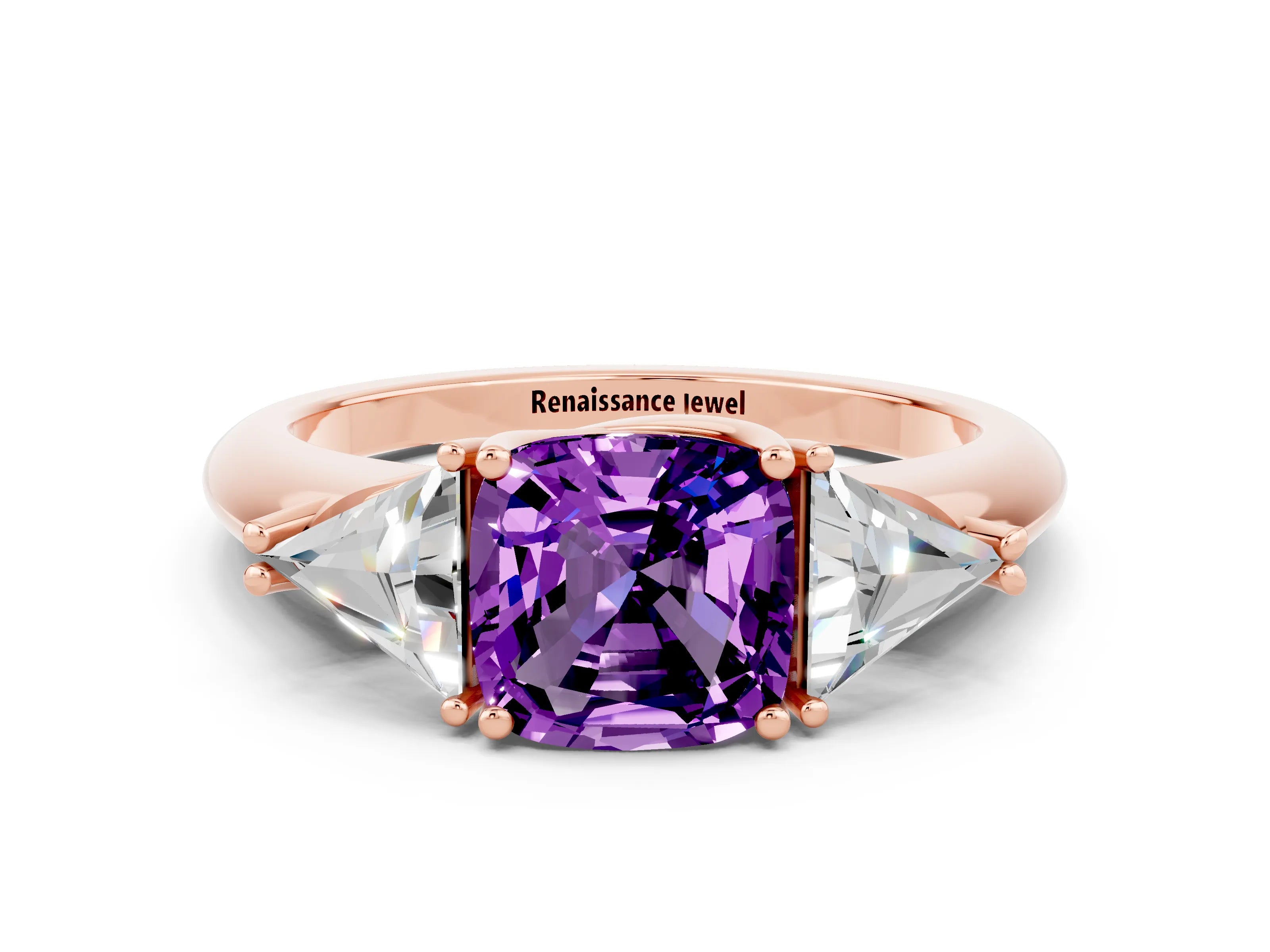 Rose gold Three-Stone Cushion Cut Cut Diamond Ring with Trillion Side Stones and Four-Prong Setting
