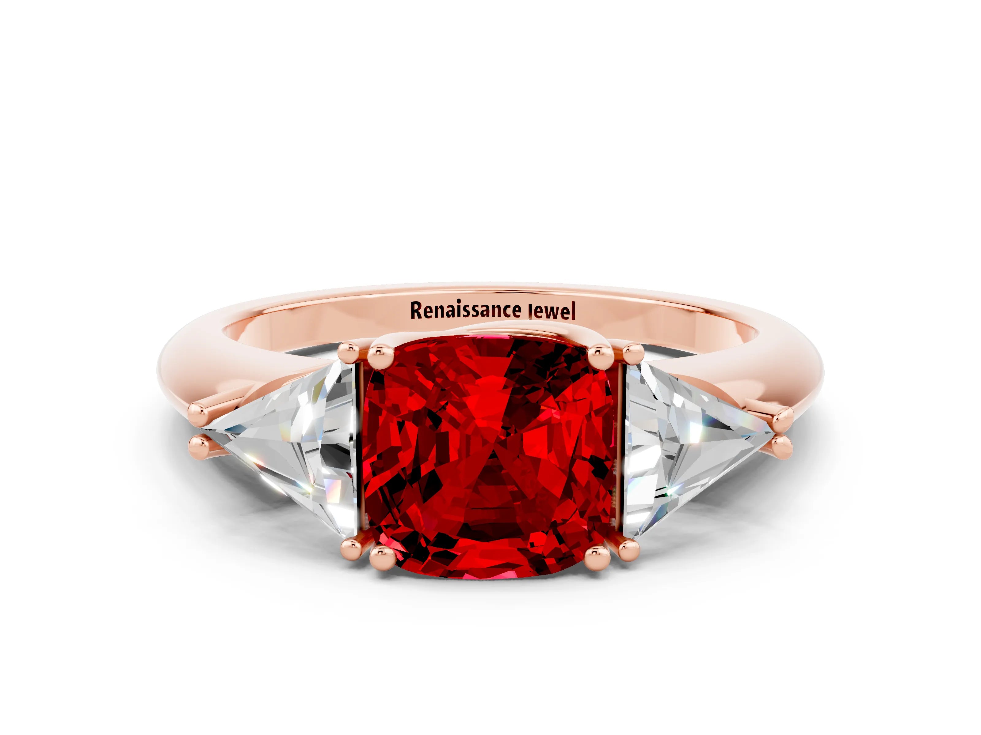 Rose gold Three-Stone Cushion Cut Cut Diamond Ring with Trillion Side Stones and Four-Prong Setting