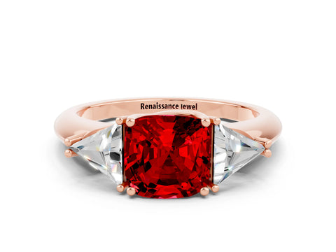 Rose gold Three-Stone Cushion Cut Cut Diamond Ring with Trillion Side Stones and Four-Prong Setting