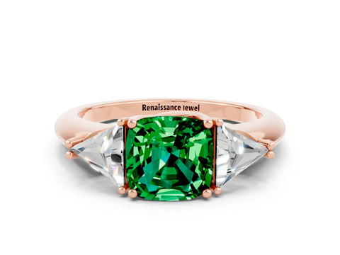 Rose gold Three-Stone Cushion Cut Cut Diamond Ring with Trillion Side Stones and Four-Prong Setting