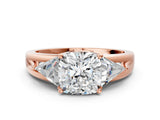 Rose gold Three-Stone Cushion Cut Cut Diamond Ring with Trillion Side Stones on a Split Shank Band_13