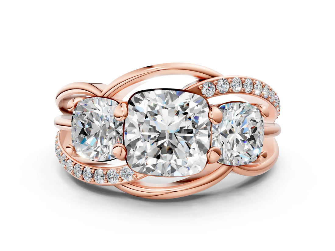 Rose gold Three-Stone Cushion Cut Cut Diamond Split Shank Prong Set Ring_3