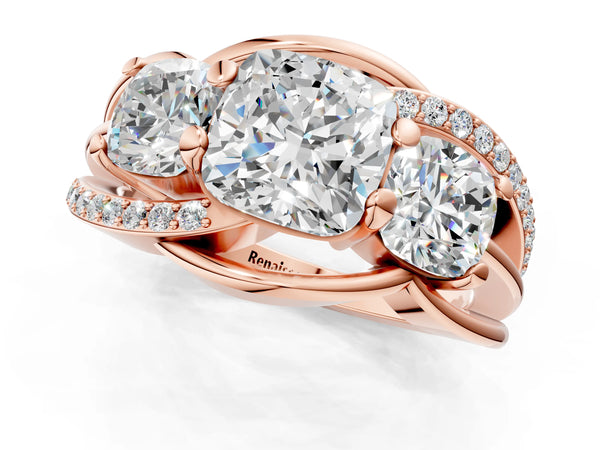 Rose Gold Cushion Cut Three Stone Engagement Ring Setting with Matching Sides and Pave Split Shank