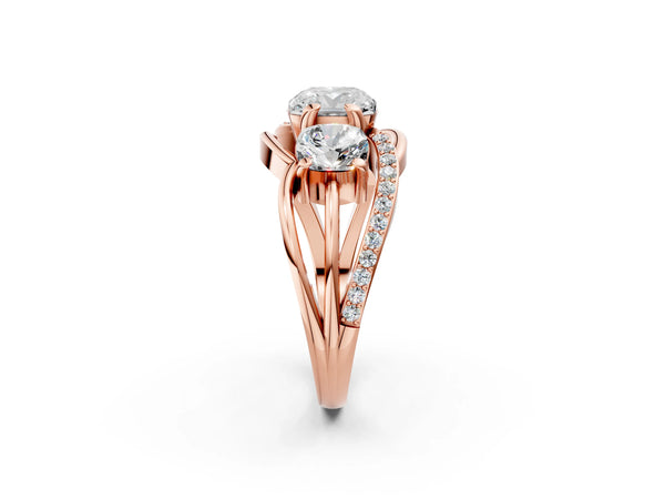 Rose Gold Cushion Cut Three Stone Engagement Ring Setting with Matching Sides and Pave Split Shank