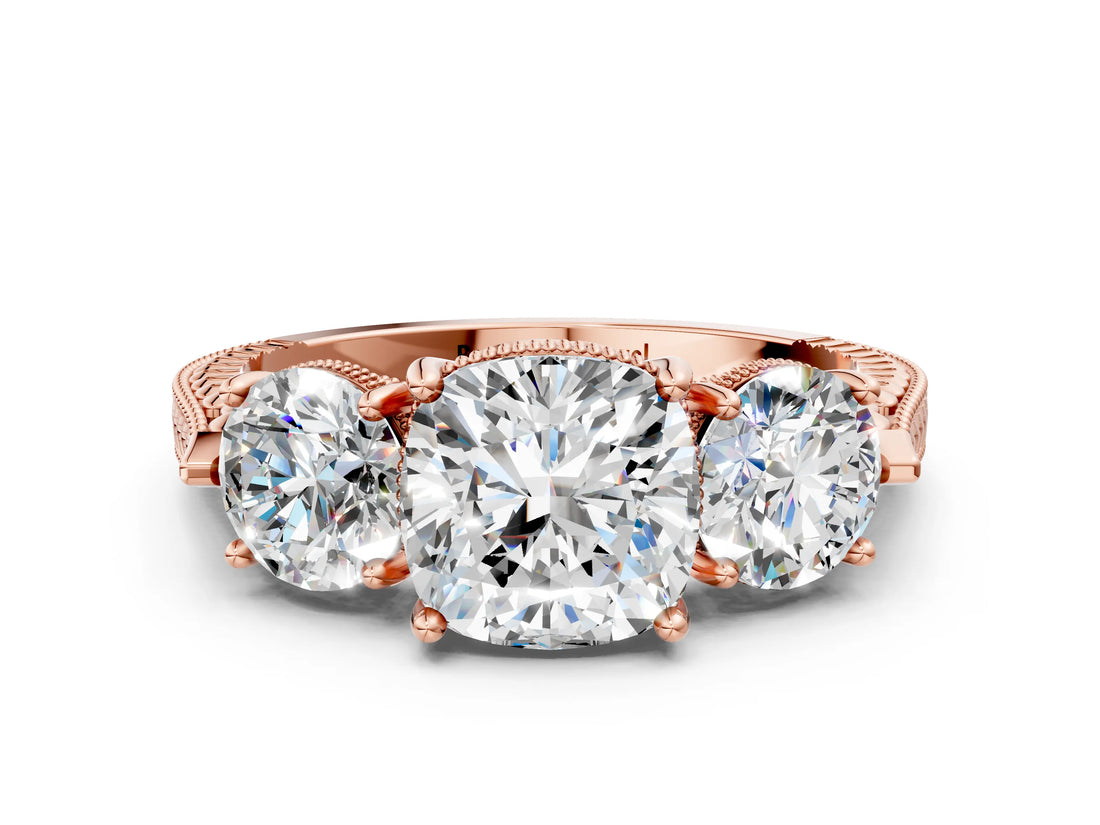 Rose gold Three-Stone Cushion Cut Cut Milgrain Band Prong Setting Ring_15