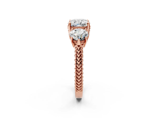 Rose Gold Cushion Cut Vintage Three Stone Engagement Ring Setting