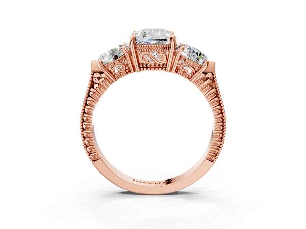 Rose Gold Cushion Cut Vintage Three Stone Engagement Ring Setting