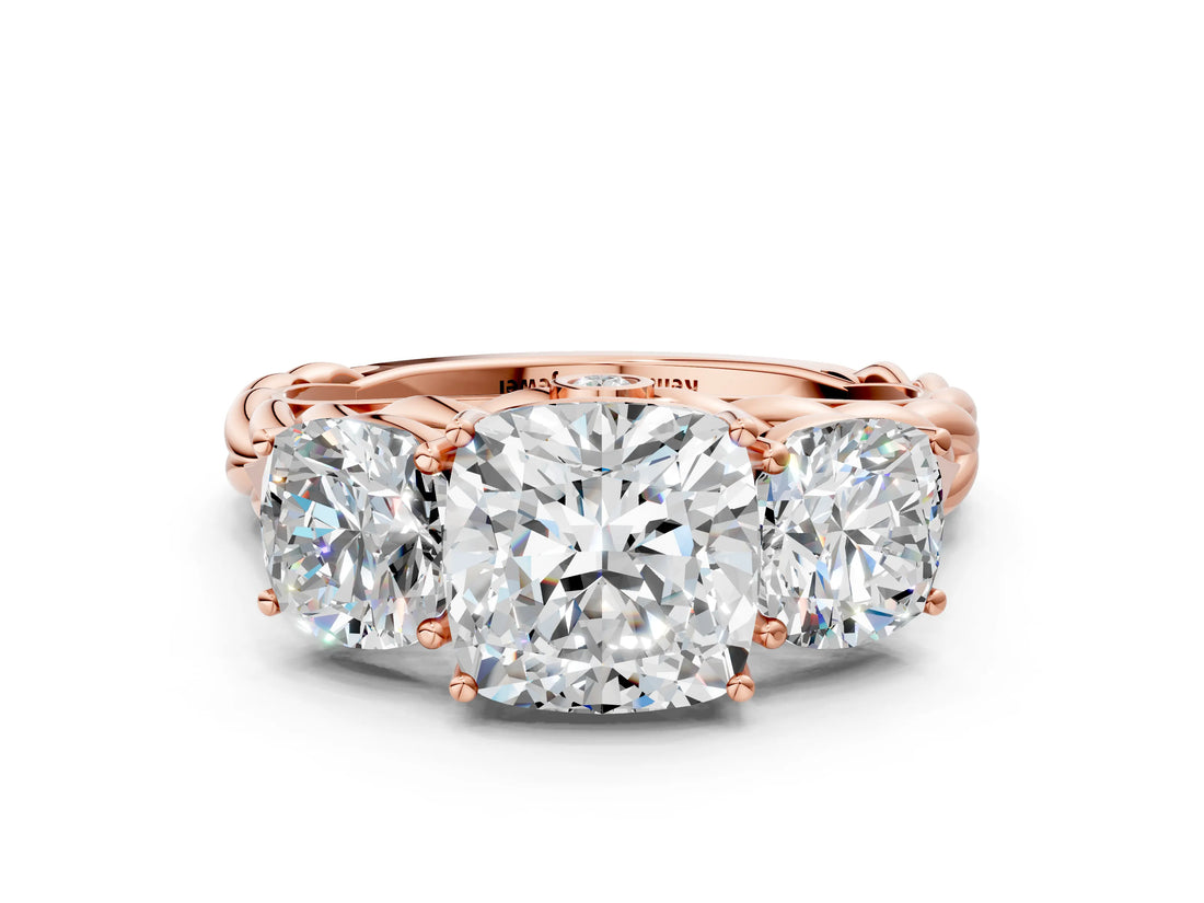 Rose gold Three-Stone Cushion Cut Diamond Braided Band Ring with Four-Prong Setting_38