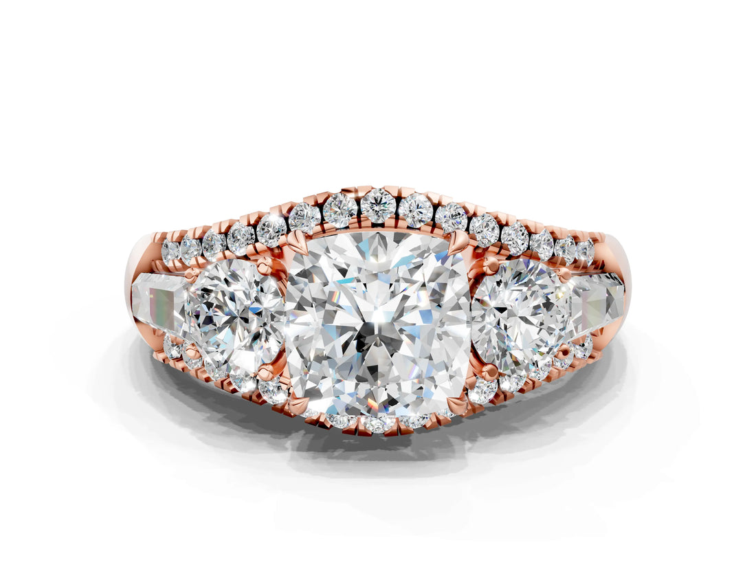 Rose gold Three-Stone Cushion Cut Diamond Engagement Ring with Pave Band and Prong Setting_18