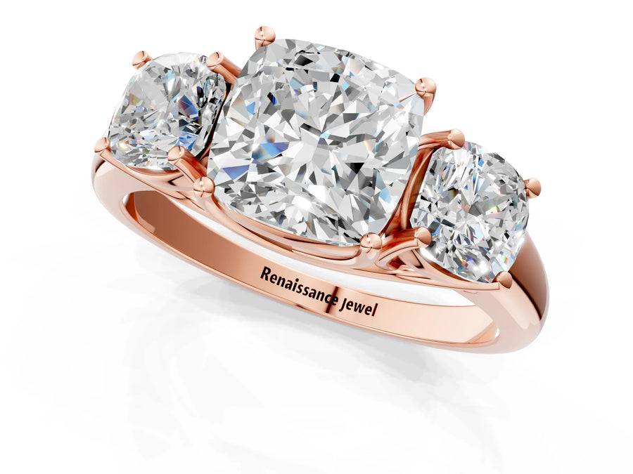 Rose gold Three-Stone Cushion Cut Diamond Engagement Ring with Prong Setting