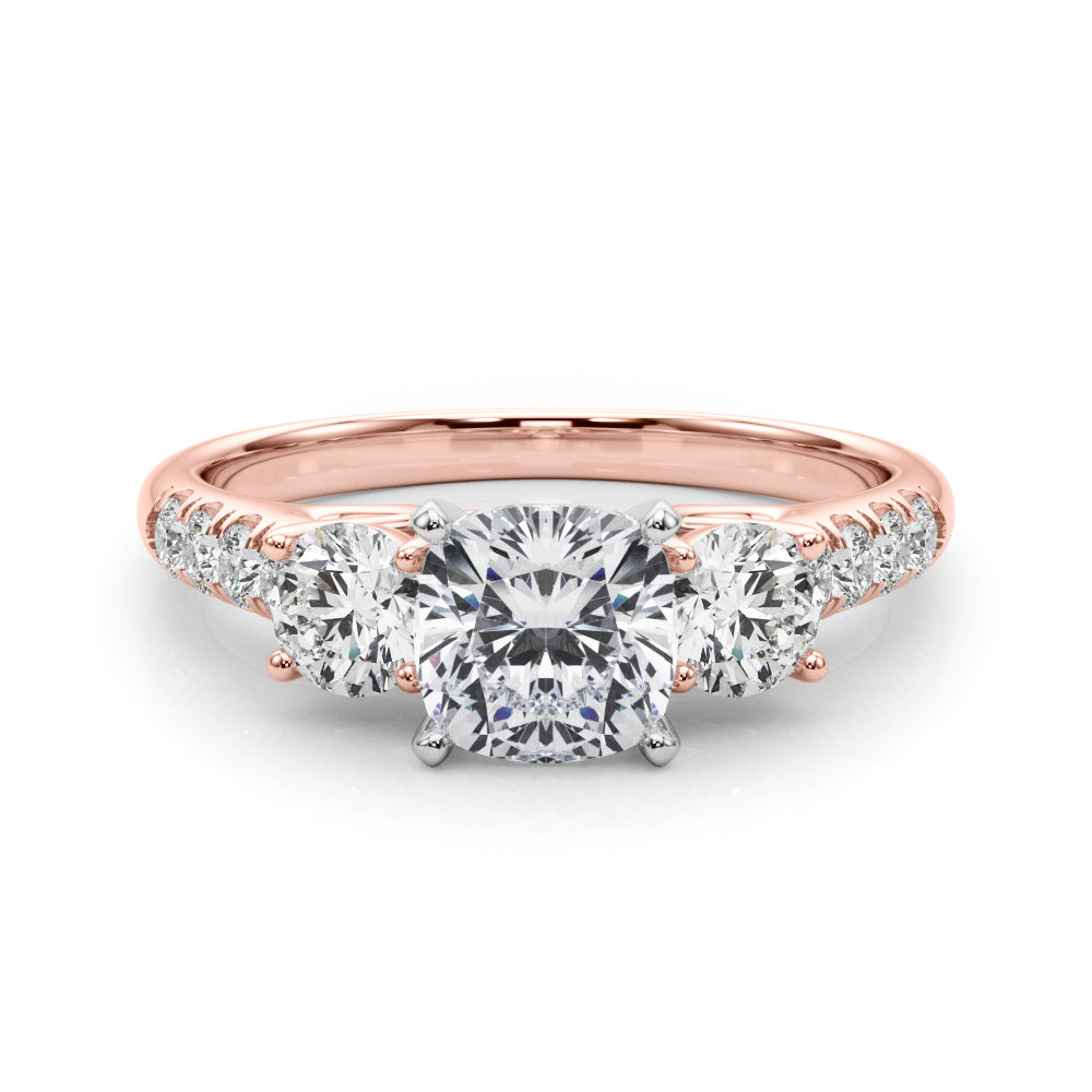 Rose gold Three-Stone Cushion Cut Diamond Pavé Band with Four-Prong Setting 1