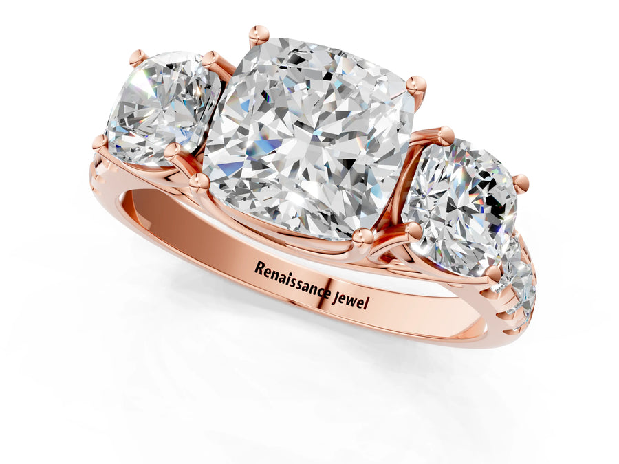 Rose gold Three-Stone Cushion Cut Diamond Pavé Band with Prong Setting