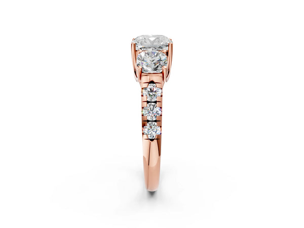 Rose gold Three-Stone Cushion Cut Diamond Pavé Band with Prong Setting