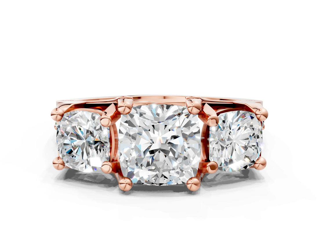 Rose gold Three-Stone Cushion Cut Diamond Ring with Channel-Set Band and Four-Prong Setting_52