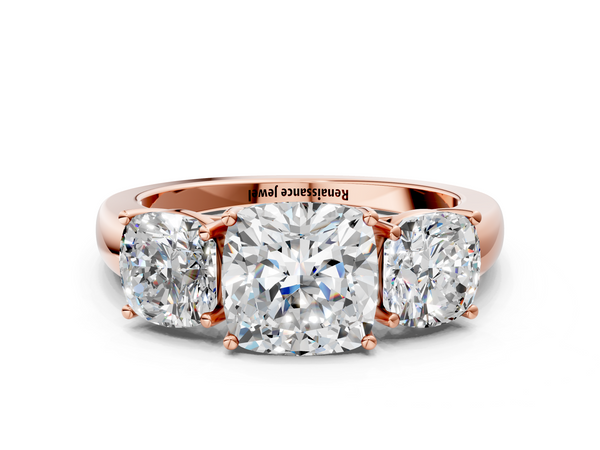 Rose gold Cushion Cut Diamond Three-Stone Ring with Four-Prong Setting and Classic Band