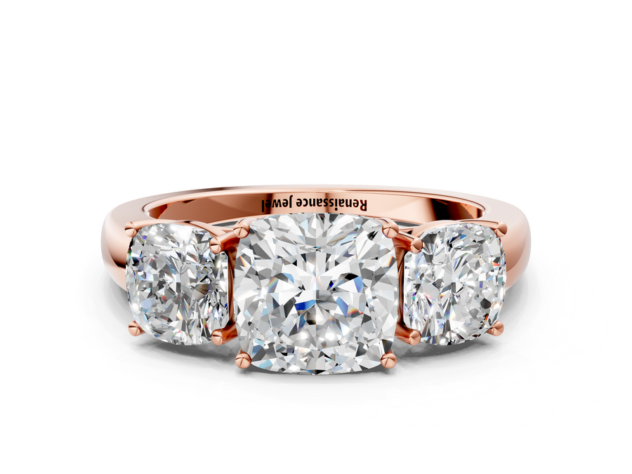 Rose gold Cushion Cut Diamond Three-Stone Ring with Four-Prong Setting and Classic Band