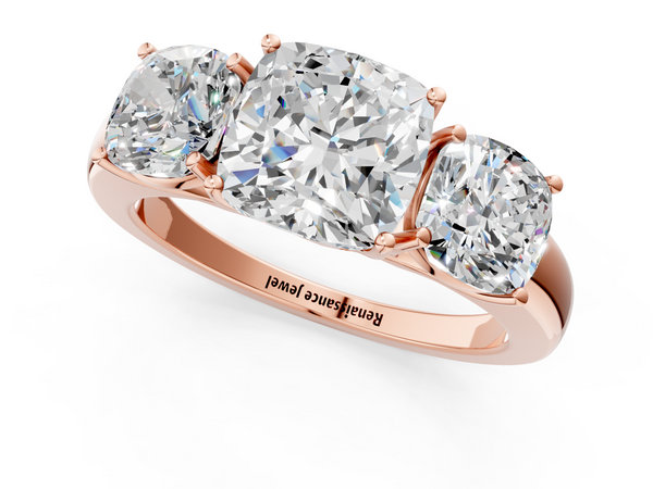 Rose gold Cushion Cut Diamond Three-Stone Ring with Four-Prong Setting and Classic Band