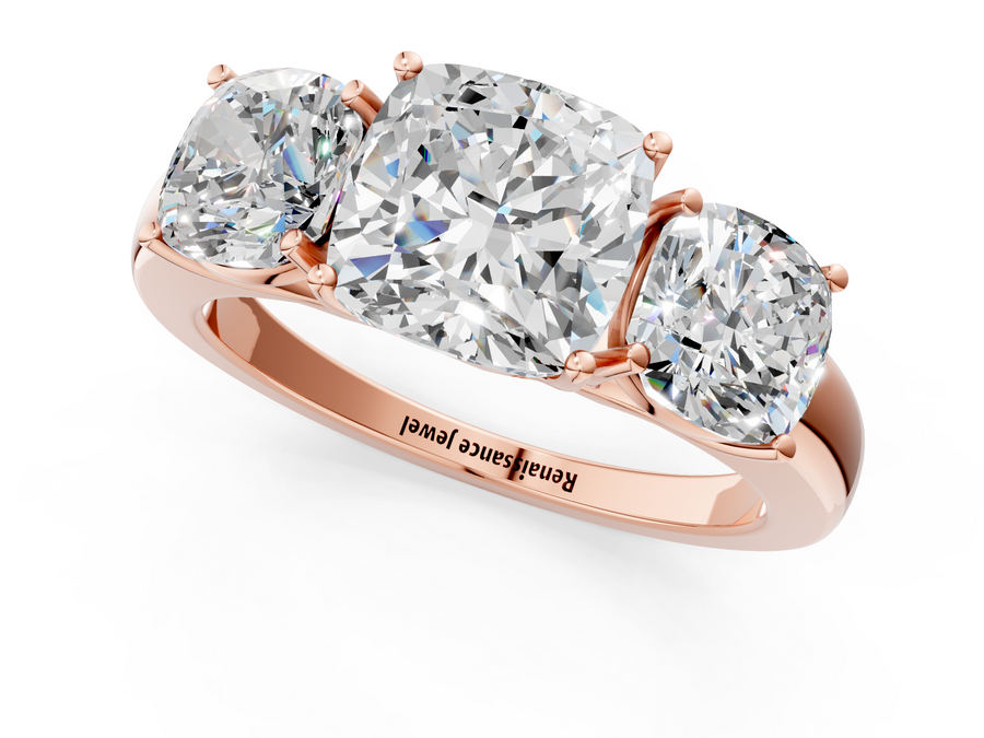 Rose gold Cushion Cut Diamond Three-Stone Ring with Four-Prong Setting and Classic Band