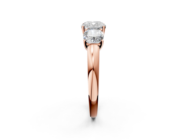 Rose gold Cushion Cut Diamond Three-Stone Ring with Four-Prong Setting and Classic Band