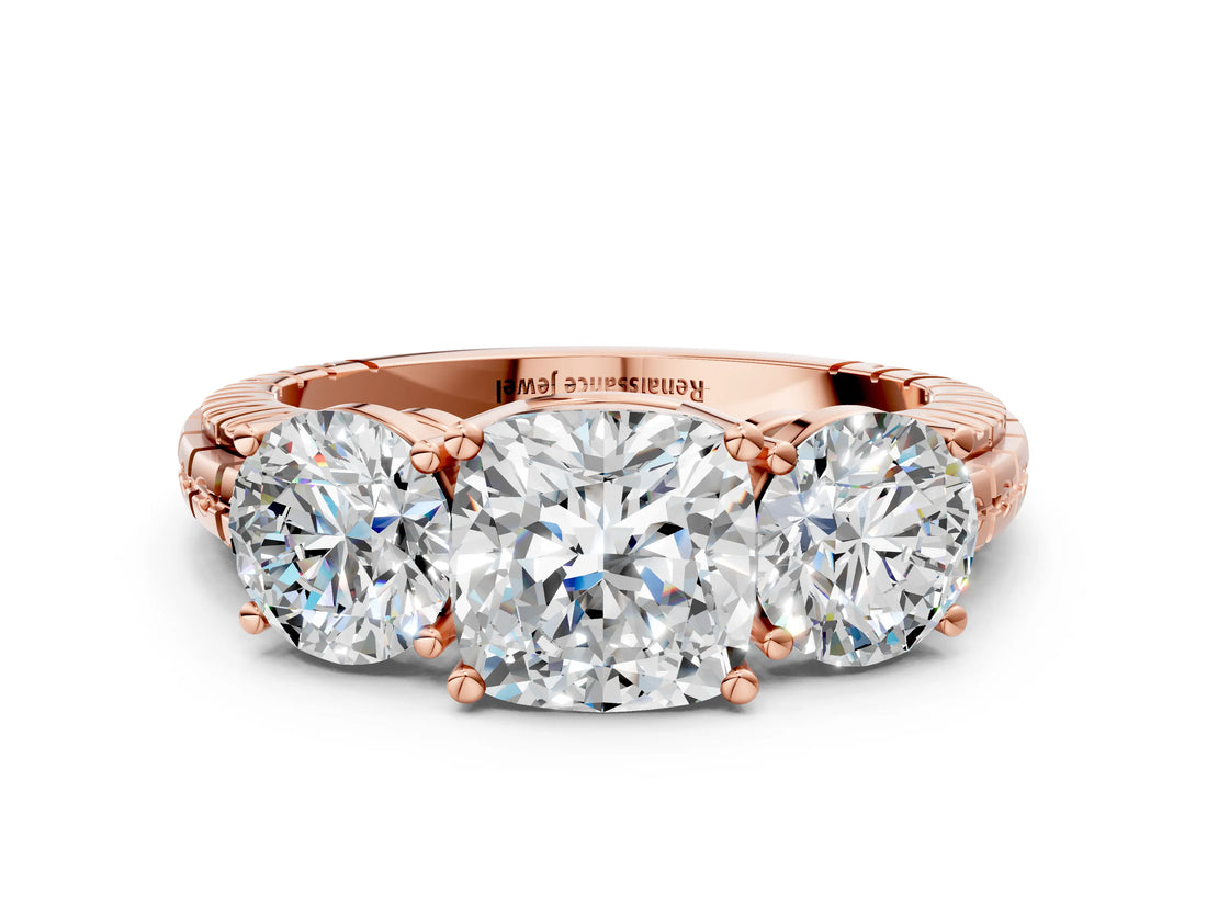 Rose gold Three-Stone Cushion Cut Diamond Ring with Channel-Set Band and Prong Setting_6