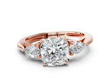 Rose gold Three-Stone Cushion Cut Diamond Ring with Pear  Side Stones in Four-Prong Setting_12