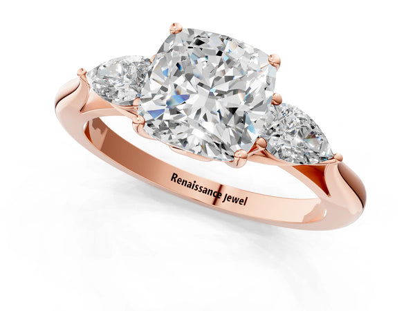 Rose gold Three-Stone Cushion Cut Diamond Ring with Pear  Side Stones in Four-Prong Setting