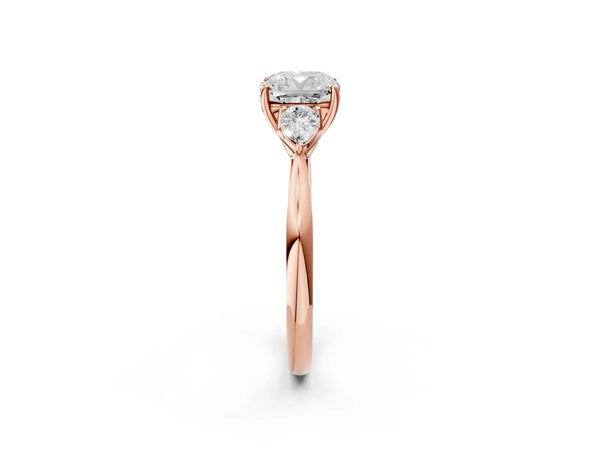 Rose gold Three-Stone Cushion Cut Diamond Ring with Pear  Side Stones in Four-Prong Setting