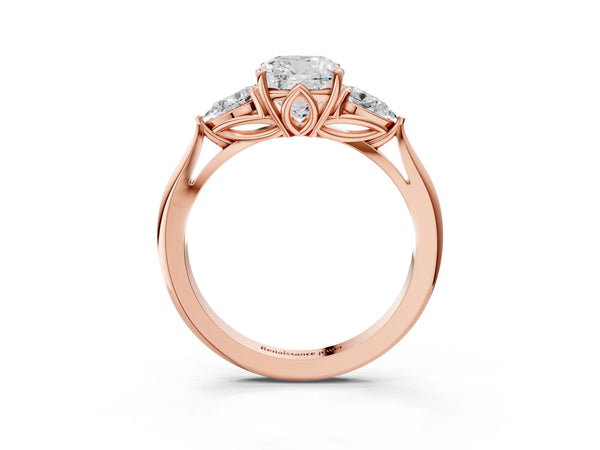 Rose gold Three-Stone Cushion Cut Diamond Ring with Pear  Side Stones in Four-Prong Setting