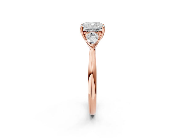 Rose gold Three-Stone Cushion Cut Diamond Ring with Pear  Side Stones in Four-Prong Setting