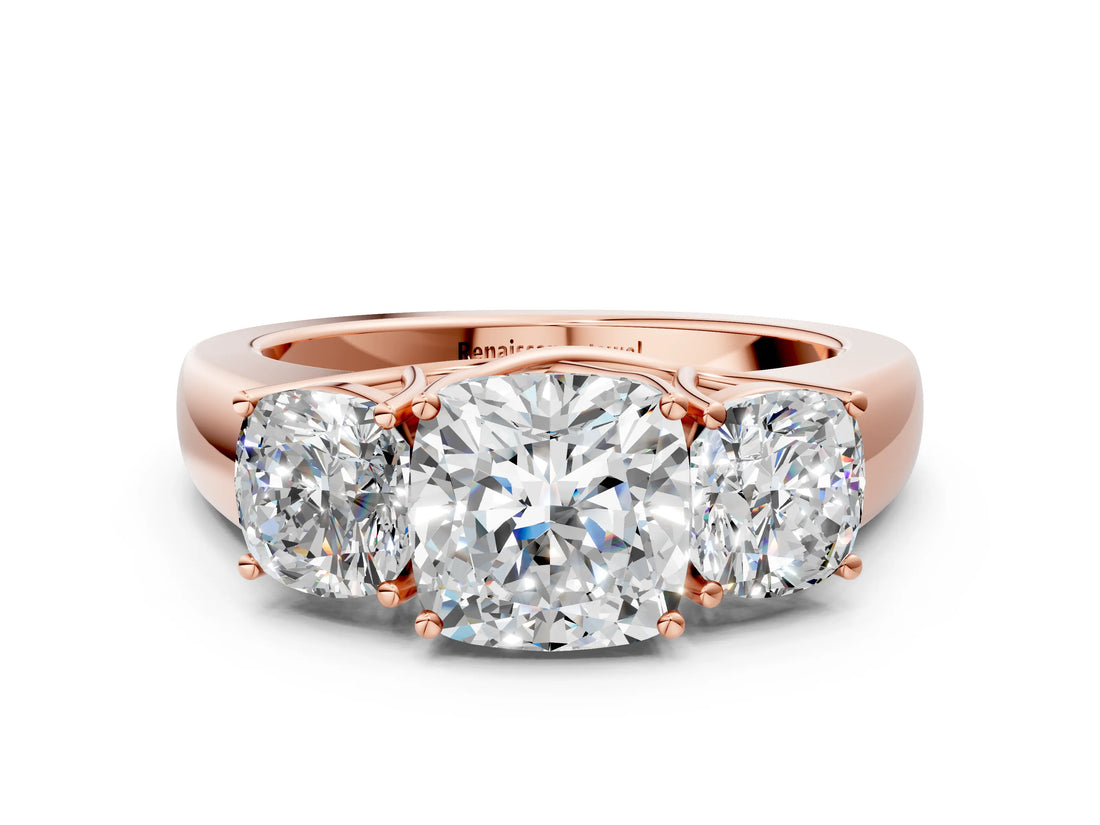 Rose gold Three-Stone Cushion Cut Diamond Ring with Prong Setting and Classic Band_3