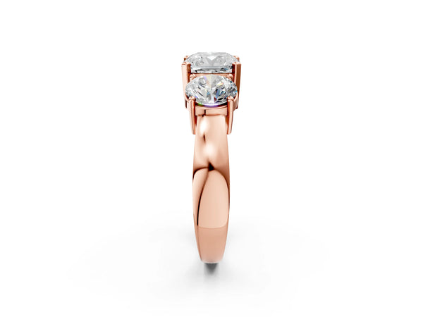 Rose gold Three-Stone Cushion Cut Diamond Ring with Round Side Stones, Classic Band, and Four-Prong Setting
