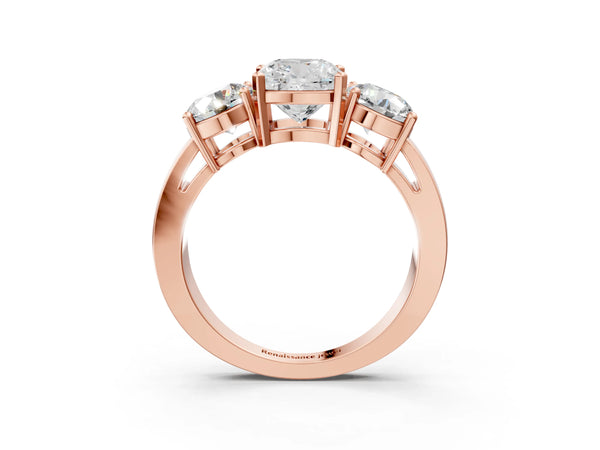 Rose gold Three-Stone Cushion Cut Diamond Ring with Round Side Stones, Classic Band, and Four-Prong Setting