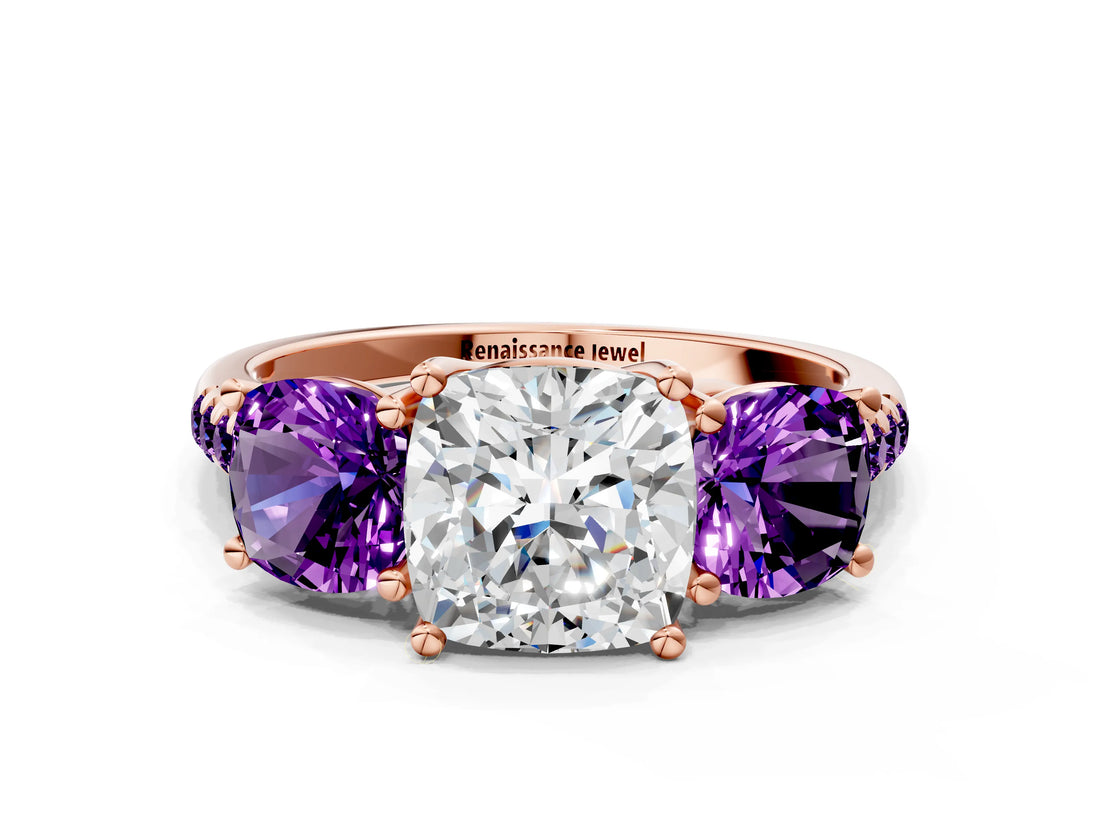 Rose gold Three-Stone Cushion Cut Diamond Ring with Round with Amethyst side stone Pavé Band and Prong Setting