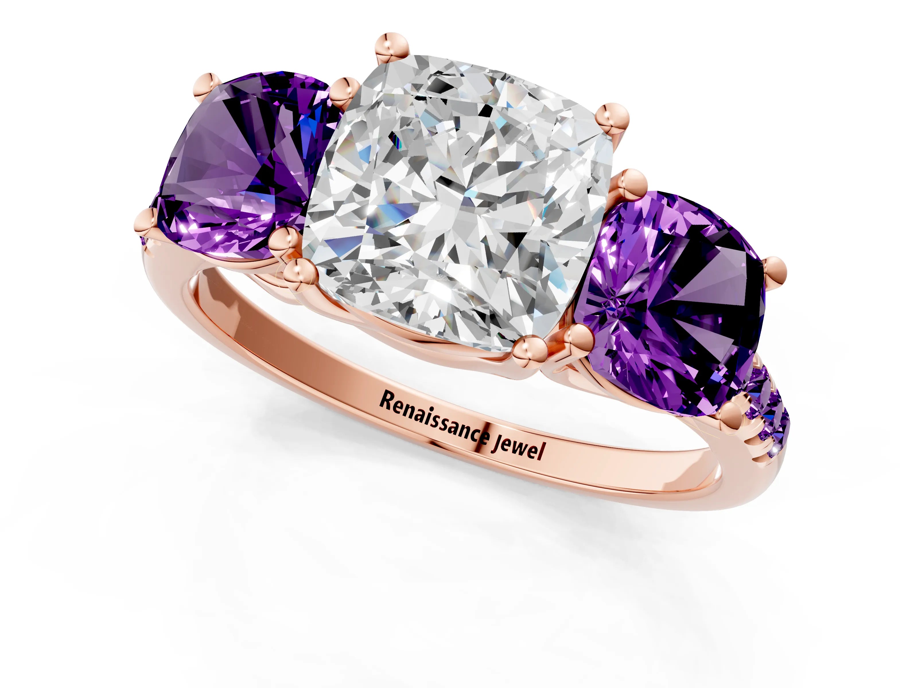 Rose gold Three-Stone Cushion Cut Diamond Ring with Round with Amethyst side stone Pavé Band and Prong Setting_1