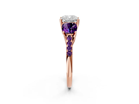 Rose gold Three-Stone Cushion Cut Diamond Ring with Round with Amethyst side stone Pavé Band and Prong Setting_2