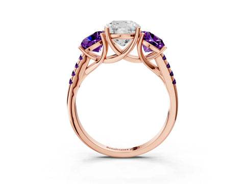 Rose gold Three-Stone Cushion Cut Diamond Ring with Round with Amethyst side stone Pavé Band and Prong Setting_3
