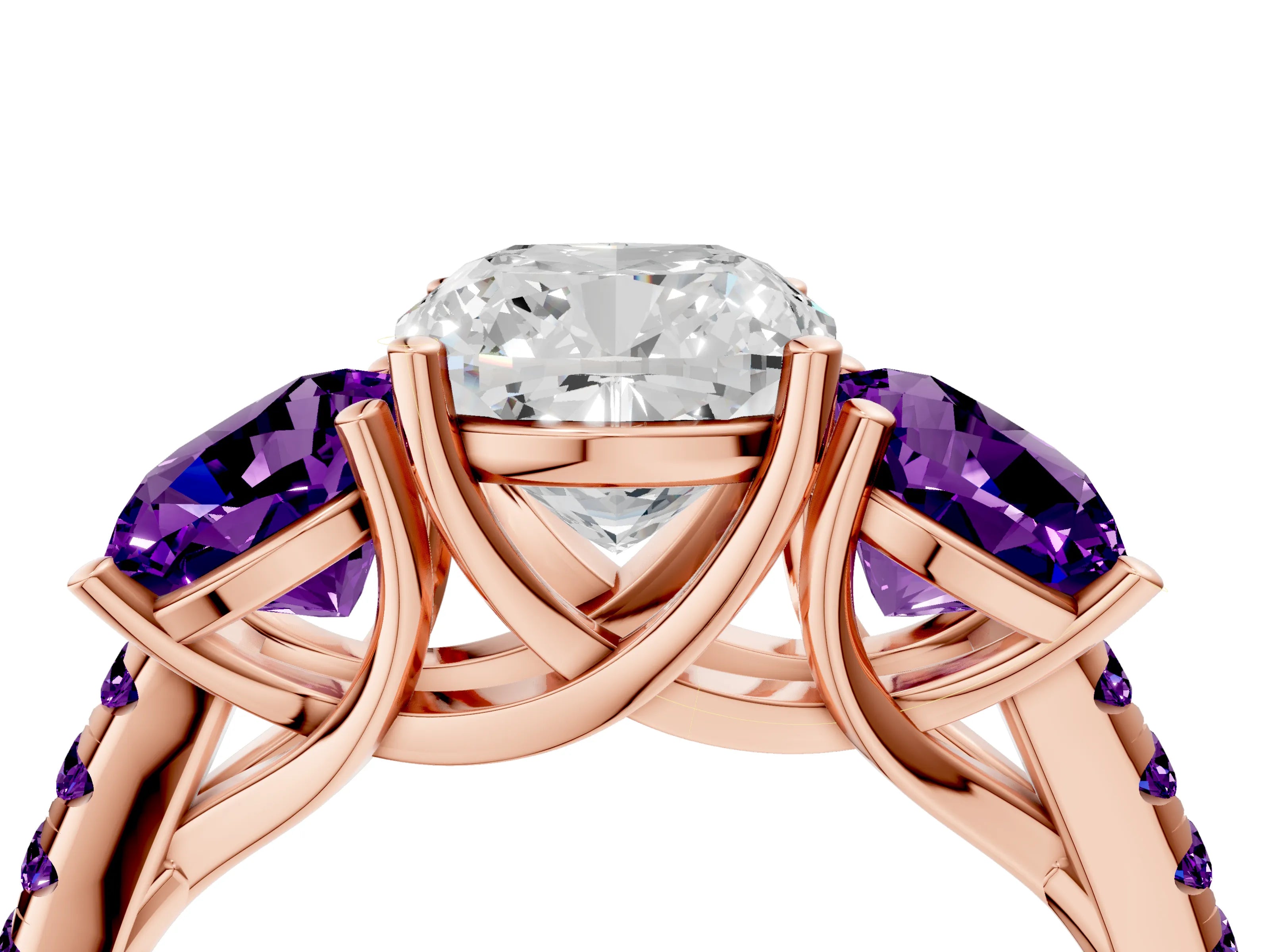 Rose gold Three-Stone Cushion Cut Diamond Ring with Round with Amethyst side stone Pavé Band and Prong Setting_4