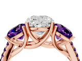 Rose gold Three-Stone Cushion Cut Diamond Ring with Round with Amethyst side stone Pavé Band and Prong Setting_4