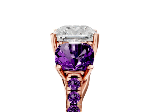Rose gold Three-Stone Cushion Cut Diamond Ring with Round with Amethyst side stone Pavé Band and Prong Setting_5