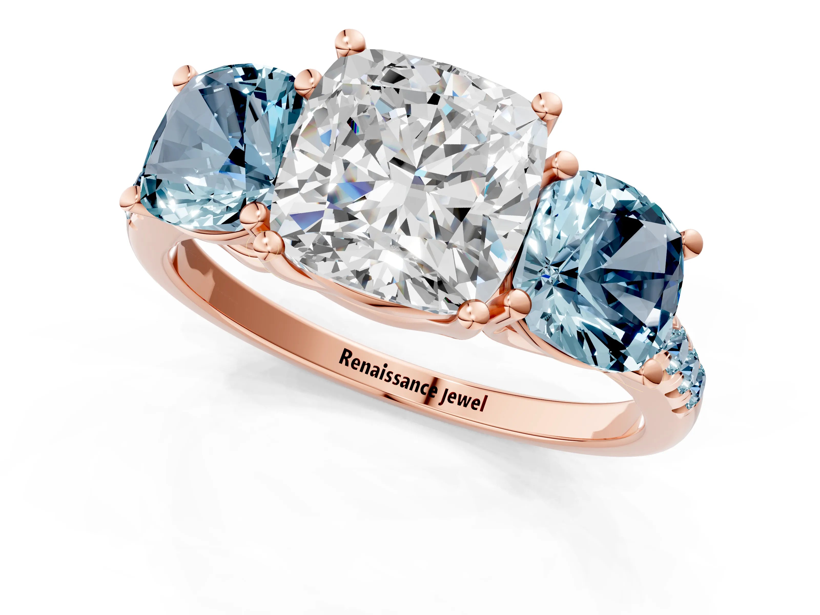 Rose gold Three-Stone Cushion Cut Diamond Ring with Round with Aquamarine side stone Pavé Band and Prong Setting_1