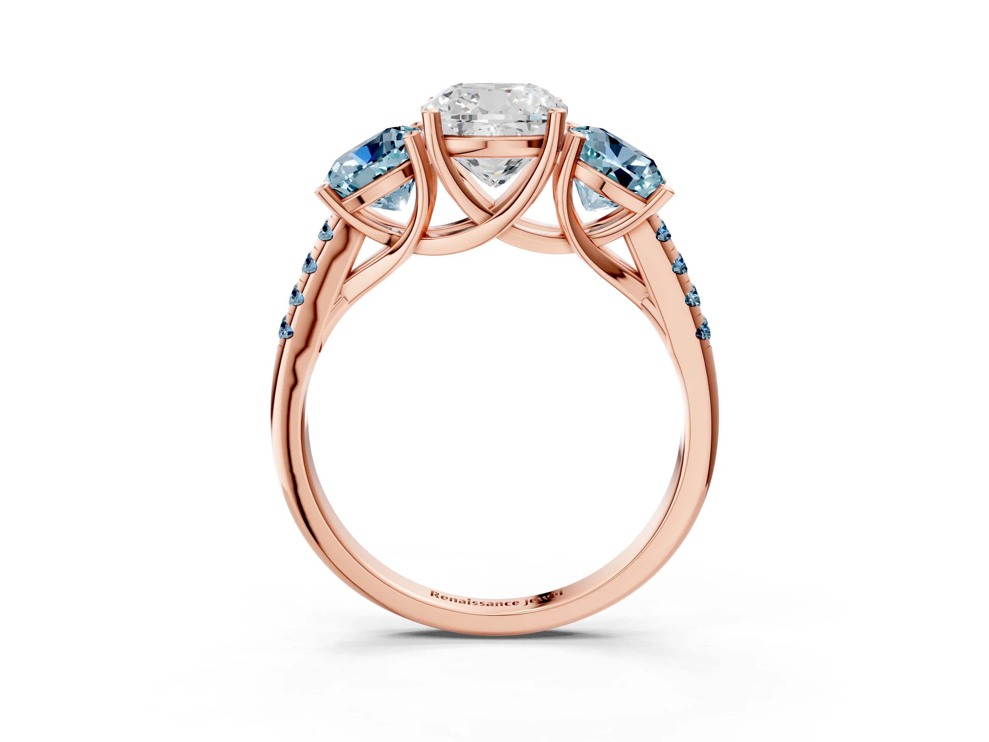 Rose gold Three-Stone Cushion Cut Diamond Ring with Round with Aquamarine side stone Pavé Band and Prong Setting_3