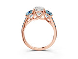 Rose gold Three-Stone Cushion Cut Diamond Ring with Round with Aquamarine side stone Pavé Band and Prong Setting_3