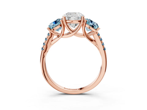 Rose gold Three-Stone Cushion Cut Diamond Ring with Round with Aquamarine side stone Pavé Band and Prong Setting_3