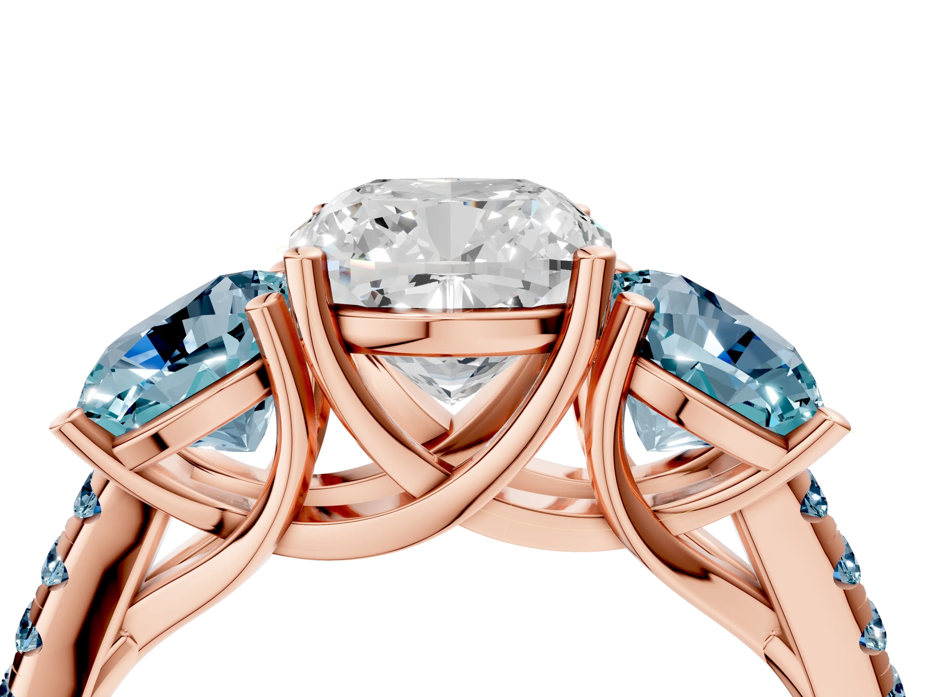 Rose gold Three-Stone Cushion Cut Diamond Ring with Round with Aquamarine side stone Pavé Band and Prong Setting_4