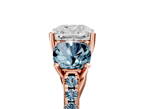 Rose gold Three-Stone Cushion Cut Diamond Ring with Round with Aquamarine side stone Pavé Band and Prong Setting_5