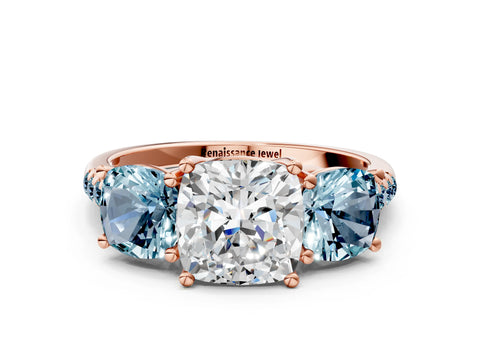 Rose gold Three-Stone Cushion Cut Diamond Ring with Round with Aquamarine side stone Pavé Band and Prong Setting