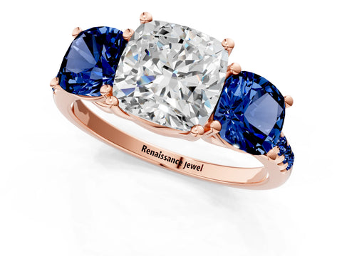 Rose gold Three-Stone Cushion Cut Diamond Ring with Round with Blue Sapphire side stone Pavé Band and Prong Setting_1