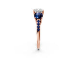 Rose gold Three-Stone Cushion Cut Diamond Ring with Round with Blue Sapphire side stone Pavé Band and Prong Setting_2